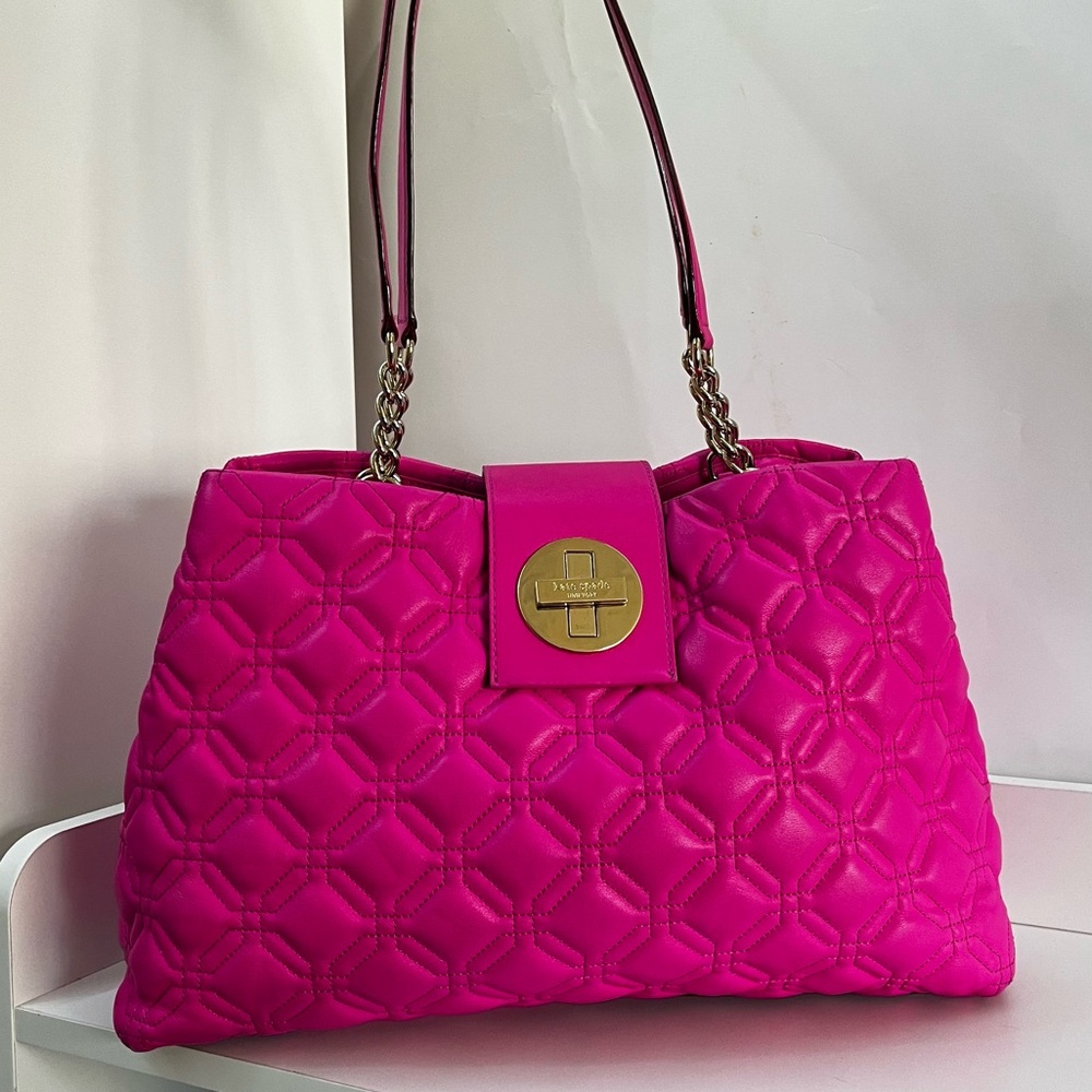 KATE SPADE Hot Pink Maryanne Quilted Leather Turnlock Chain Tote Shoulder Bag - Picture 1 of 11